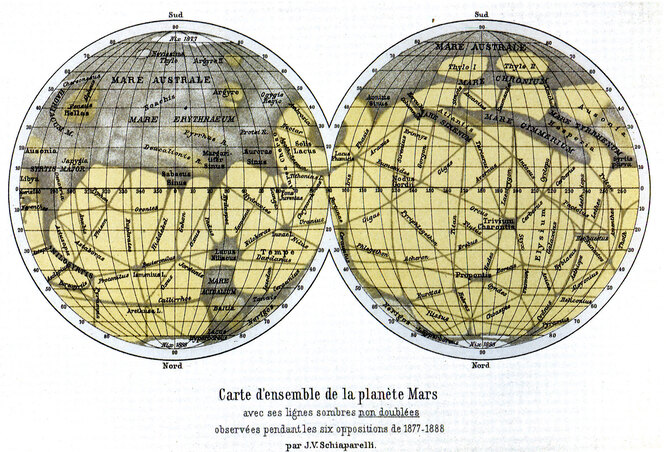 Карта Марса, составленная Джованни Скиапарелли в 1877–1889 годах. На ней видны его знаменитые canali – этим словом обозначают протоки как естественного, так и искусственного происхождения. В итоге эти canali оказались иллюзией.